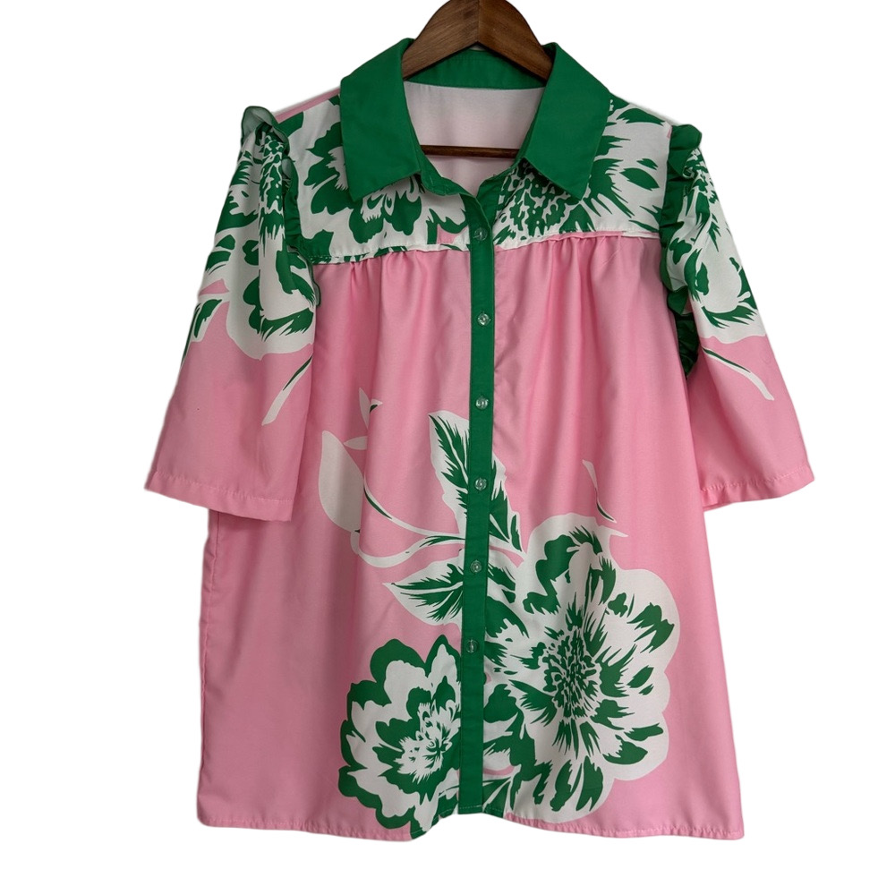 Cherry Berry Fresh Floral Pink & Green Print Button Down Blouse Women’s XXL